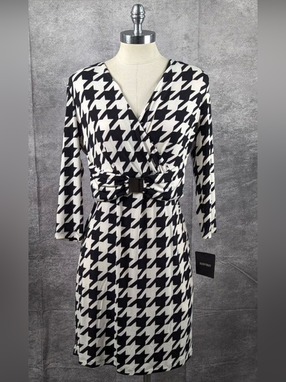 Ellen Tracy Black & White Houndstooth Wrap Dress with Buckle Belt
